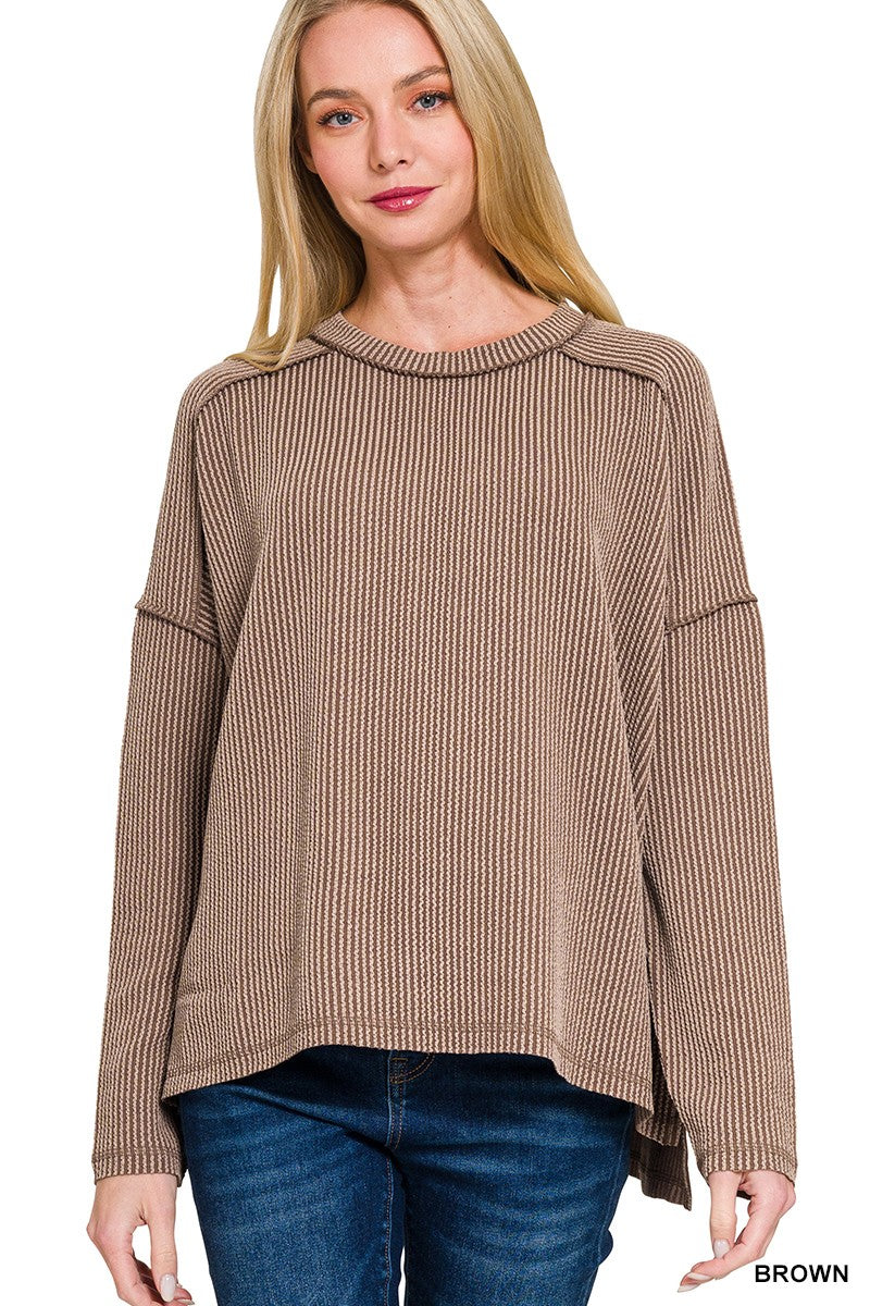 Brown Raised Rib Raw Edge Boat Neck Long Sleeve Top