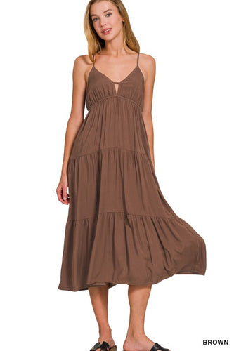 Brown Woven Sweetheart Neckline Tiered Cami Midi Dress