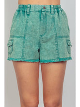 Load image into Gallery viewer, Green Washed Cotton Twill Washed Denim Cargo Shorts - Athena&#39;s Fashion Boutique
