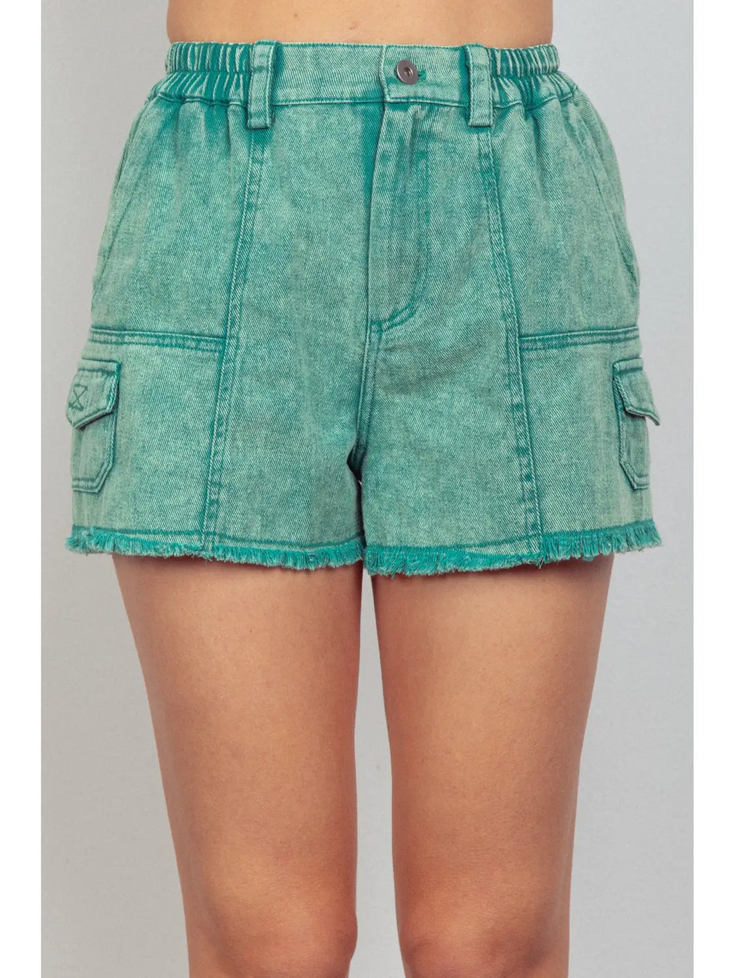 Green Washed Cotton Twill Washed Denim Cargo Shorts - Athena's Fashion Boutique