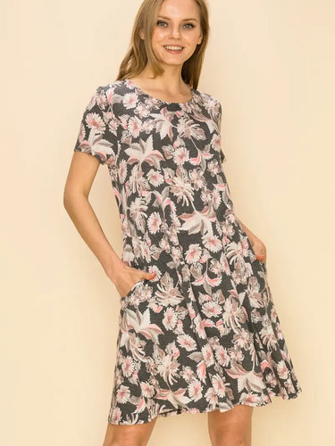 Plus Floral Print Soft Mini Simple Dress with Pockets
