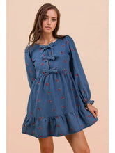 Load image into Gallery viewer, Cherry Print Soft Washed Denim Casual Mini Dress
