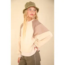 Load image into Gallery viewer, Cream Color Block Raglan Sleeve Comfy Knit Sweatshirt Top
