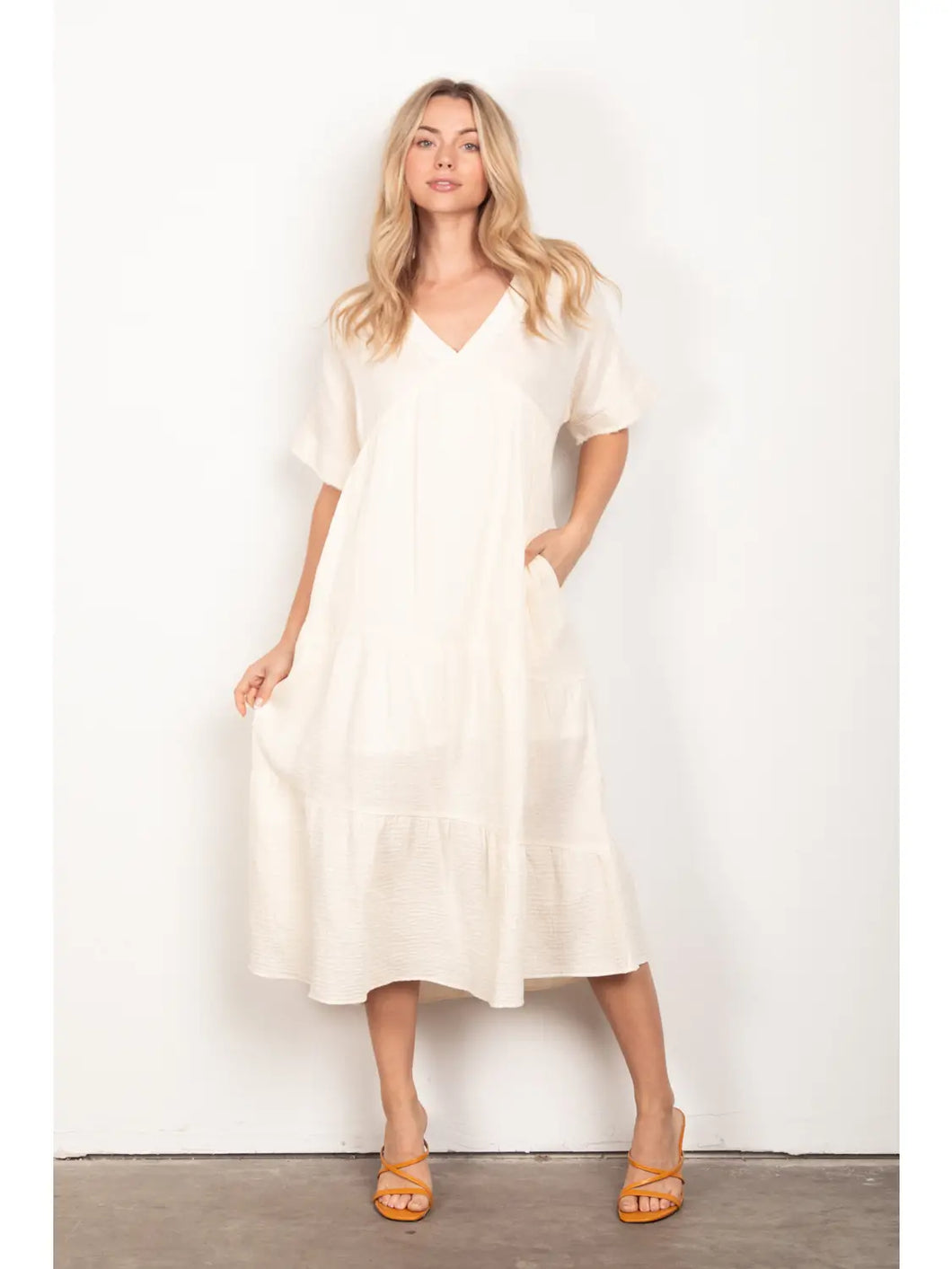 Cream Frayed Detail Soft Crinkle Gauze Midi Dress