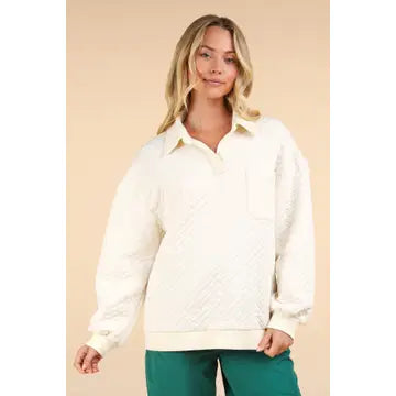 Plus Cream Oversized Collared Quilted Knit Top