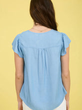 Load image into Gallery viewer, Chambray Women&#39;s V Neck Half Button Ruffle Sleeve Top
