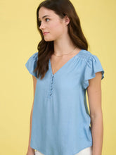 Load image into Gallery viewer, Chambray Women&#39;s V Neck Half Button Ruffle Sleeve Top
