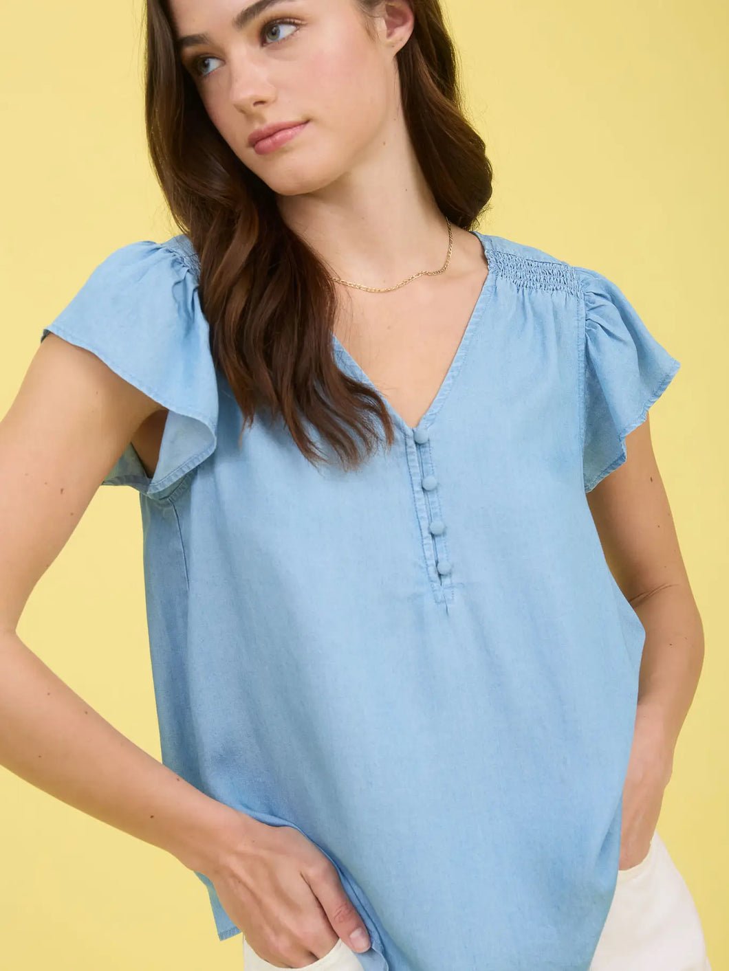 Chambray Women's V Neck Half Button Ruffle Sleeve Top