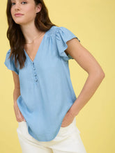 Load image into Gallery viewer, Chambray Women&#39;s V Neck Half Button Ruffle Sleeve Top
