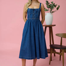 Load image into Gallery viewer, Lace Up Sleeveless Denim Midi Dress with Pockets
