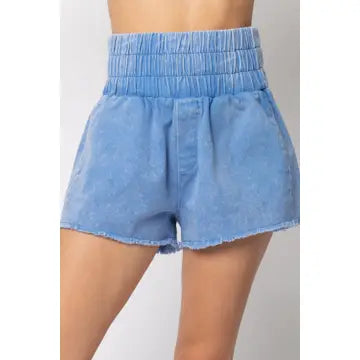 Blue High-Waist Washed Twill Shorts