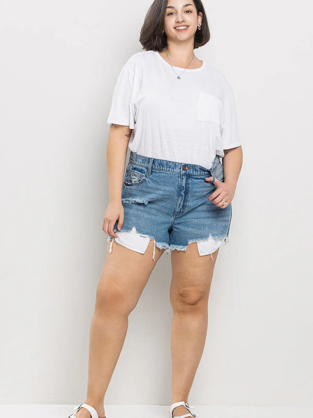 High Rise Plus Distress Denim Shorts