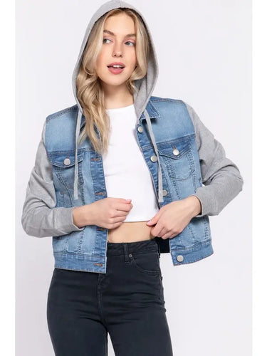 Long Sleeve Contrast Terry Sleeve with Hoodie Denim Jacket - Athena's Fashion Boutique