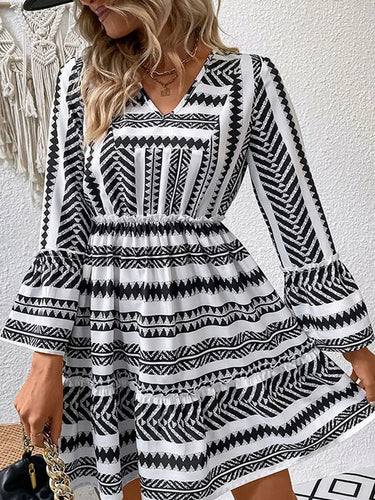 Black and White V-neck Long-Sleeve Ruffled Pleated Mini Dress