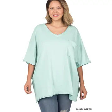 Dusty Green Oversized Pocket Raw Edge Boyfriend Tee - Athena's Fashion Boutique