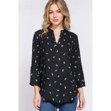 Load image into Gallery viewer, 3/4 Roll Up Sleeve V-Neck Feather Print Woven Blouse
