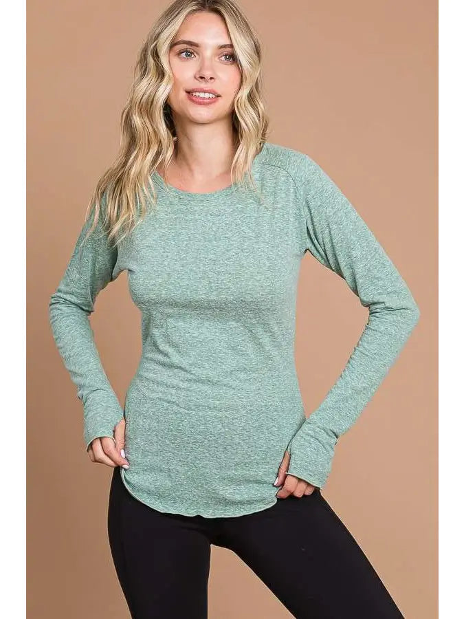 Warm Sage Round Neck Raglan Fitted Top