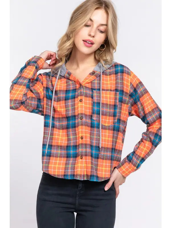 Orange Long Sleeve Drawstring Hoodie Button Down Plaid Shirt