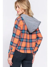 Load image into Gallery viewer, Orange Long Sleeve Drawstring Hoodie Button Down Plaid Shirt
