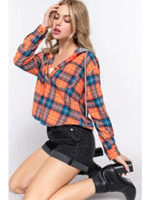 Load image into Gallery viewer, Orange Long Sleeve Drawstring Hoodie Button Down Plaid Shirt
