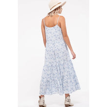 Load image into Gallery viewer, Blue and  White Floral Print Tiered Cami Midi Dress
