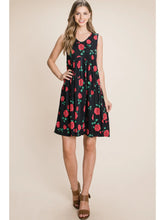Load image into Gallery viewer, Women&#39;s Black and Red Floral Print Shirred Tank Dress
