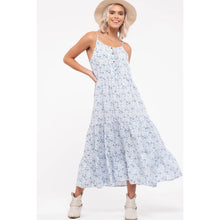 Load image into Gallery viewer, Blue and  White Floral Print Tiered Cami Midi Dress
