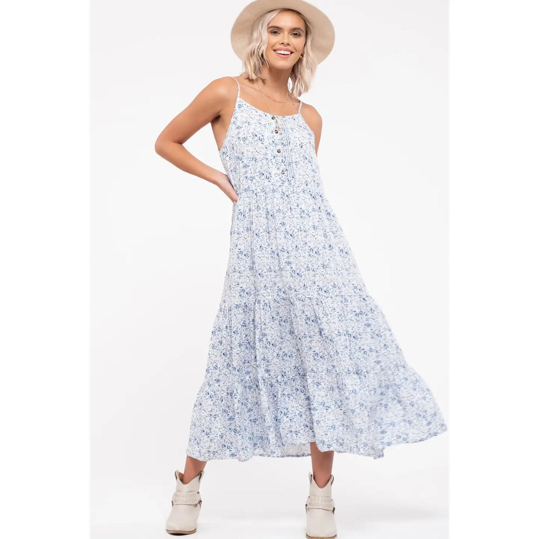 Blue and  White Floral Print Tiered Cami Midi Dress