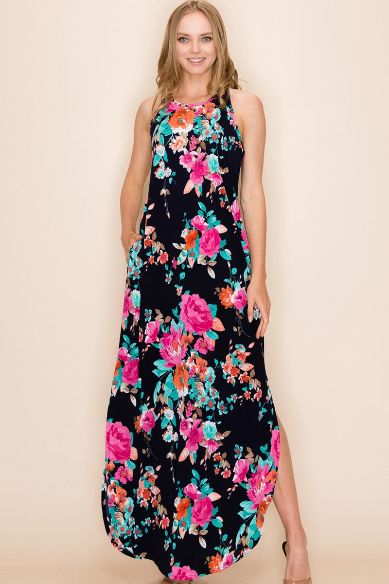 Women's Floral Summer Sleeveless Maxi Dress with Pockets
