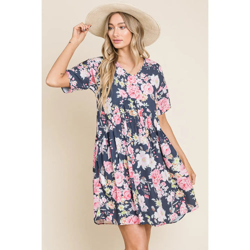 Women's Tshirt Shirred Bold Floral Swing Dress