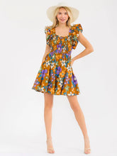 Load image into Gallery viewer, WOMEN'S RUFFLE SLEEVES SQUARE NECK SMOCK FLORAL PRINT MINI DRESS
