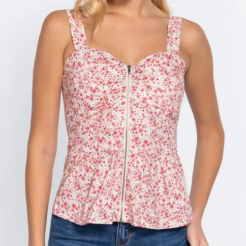 Pink Floral Print Poplin Bustier W/Zipper Top