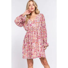 Load image into Gallery viewer, Women&#39;s Long Sleeve V-Neck Floral Printed Woven Mini Dress
