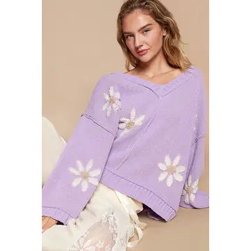 Pol Lavender V-Neck Berber Floral Pattern Chenille Pullover