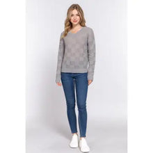 Load image into Gallery viewer, Gray Long Sleeve V-Neck Checkered Texture Sweater
