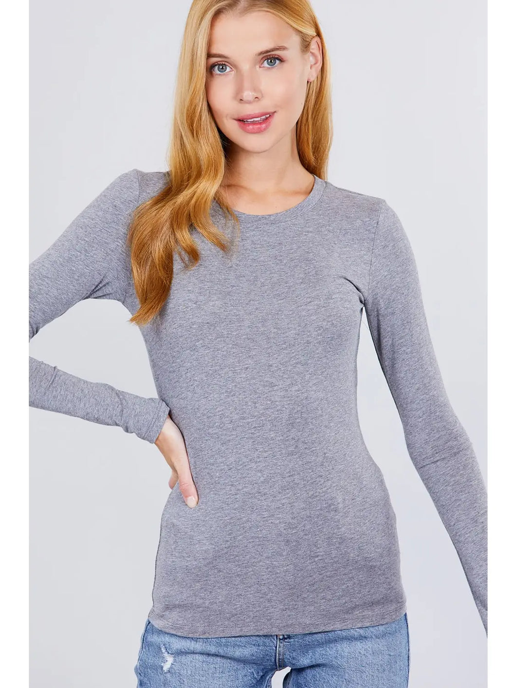 Gray Long Sleeve Crew Neck Cotton Spandex Jersey Top