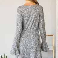 Load image into Gallery viewer, Gray Ruffle Long Sleeve Wrap Tie Dress
