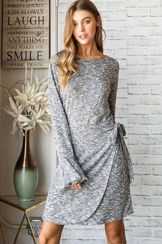 Gray Ruffle Long Sleeve Wrap Tie Dress