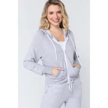Gray Long Raglan Hoodie Slub Terry Zip Up Jacket