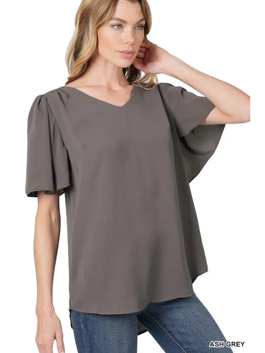 Gray Woven Waterfall Sleeve Top - Athena's Fashion Boutique