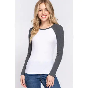 Gray and White Long Raglan Sleeve Color Block Thermal Knit Top