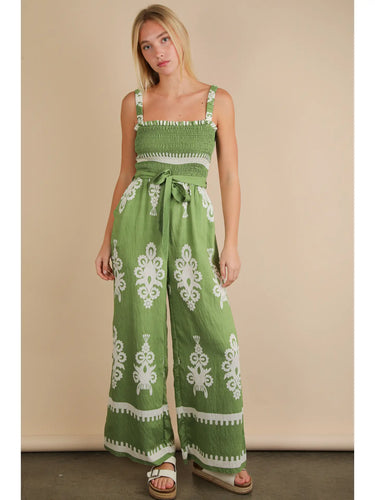 Green Boho Printed Smocking Detail Jumpsuit