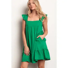 Load image into Gallery viewer, Green Ruffled Solid Linen Backless Mini Dress with Pockets
