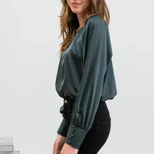 Load image into Gallery viewer, Hunter Green Long Buttoned Bishop Sleeve Top
