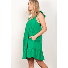 Load image into Gallery viewer, Green Ruffled Solid Linen Backless Mini Dress with Pockets
