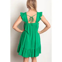 Load image into Gallery viewer, Green Ruffled Solid Linen Backless Mini Dress with Pockets
