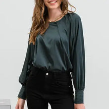 Load image into Gallery viewer, Hunter Green Long Buttoned Bishop Sleeve Top
