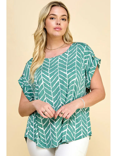 Green Pattern Plus Size Short Sleeve Dolman Top