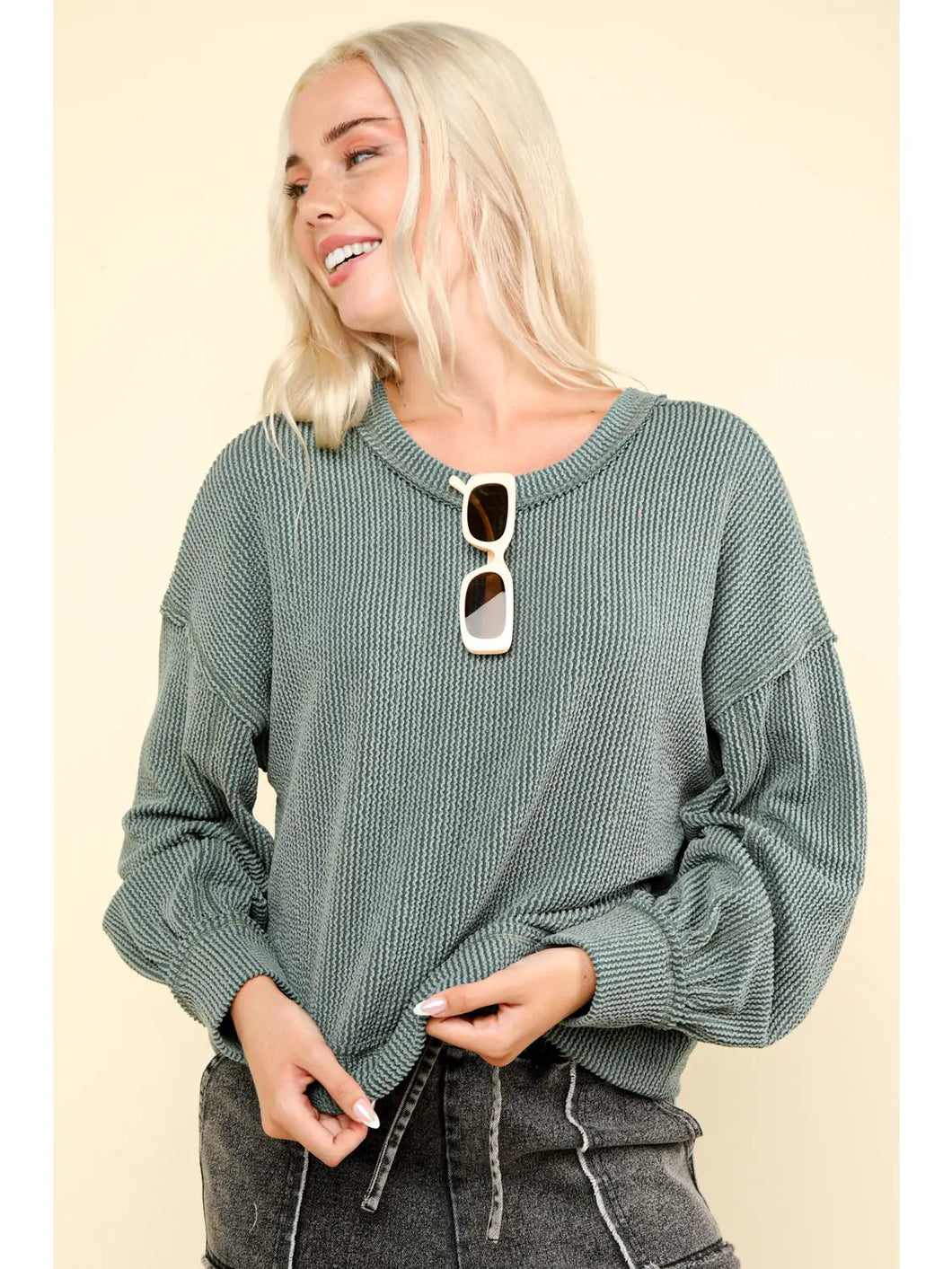 Green Two Tone Otto Ribbed Oversized Soft Comfy Knit Top