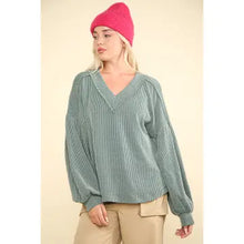 Load image into Gallery viewer, Green Plus Size Two Tone Otto Ribbed V-Neck Knit Top
